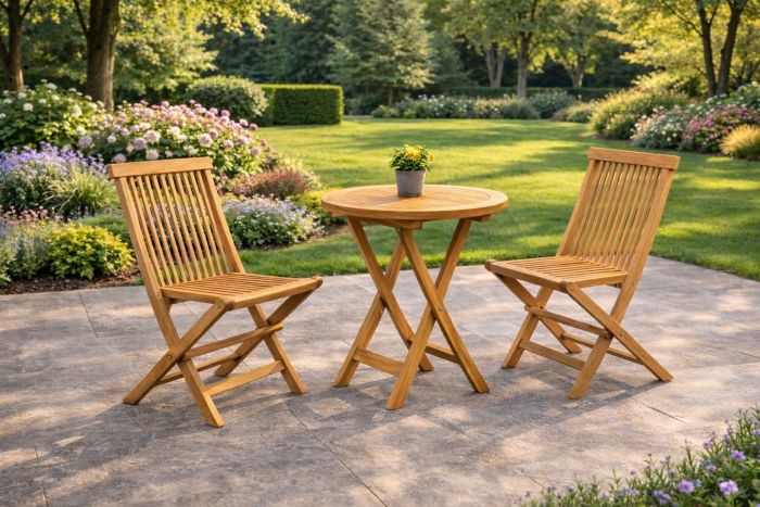 Cafesett teak med to stoler og rundt bord - Sommerbutikken.no