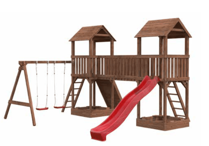 Sommerbutikken AS - Lekeapparat for privat bruk med tårn, klatrevegg, huskestativ, sandkasser